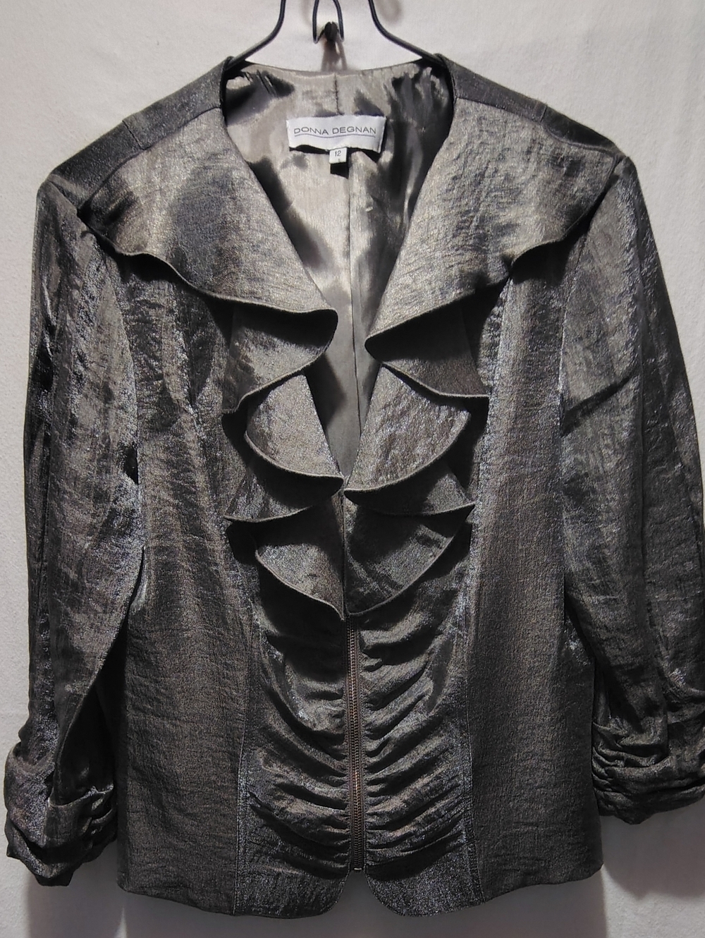 Donna Degman Vintage 90's Half Zip Metallic Grey  Ruffled Women's Jacket Size 12